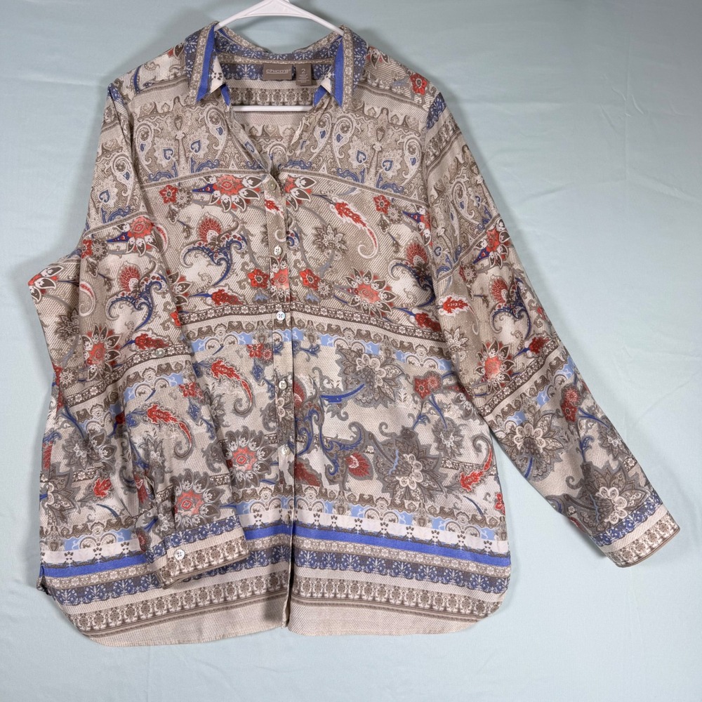 Chico's Size-2 Womens Shirt Paisley Floral Button Down Roll Tab Sleeve Tan Red‎